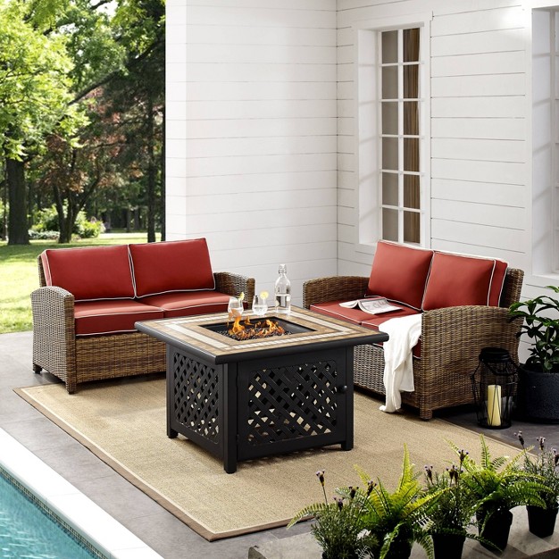 3pc Bradenton Outdoor Steel Fire Pit Set With 2 Loveseats Sangria weathered Brown Crosley