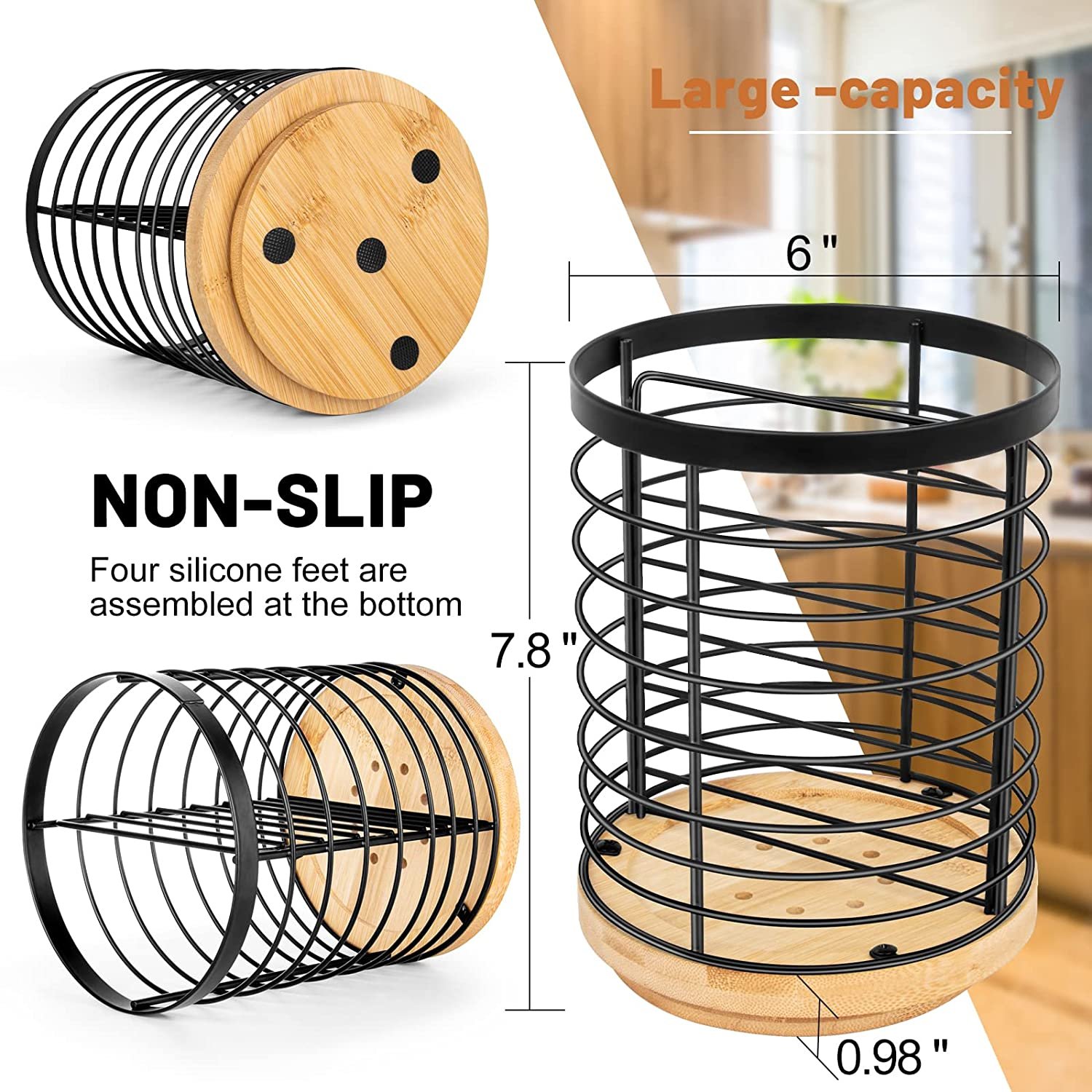 Utensil Holder For Kitchen Counter， Cooking Utensils Holder， Black Metal+Wooden Base Utens