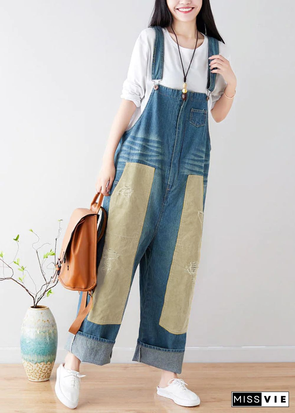 Natural Blue pockets Patchwork denim Jumpsuits Spring