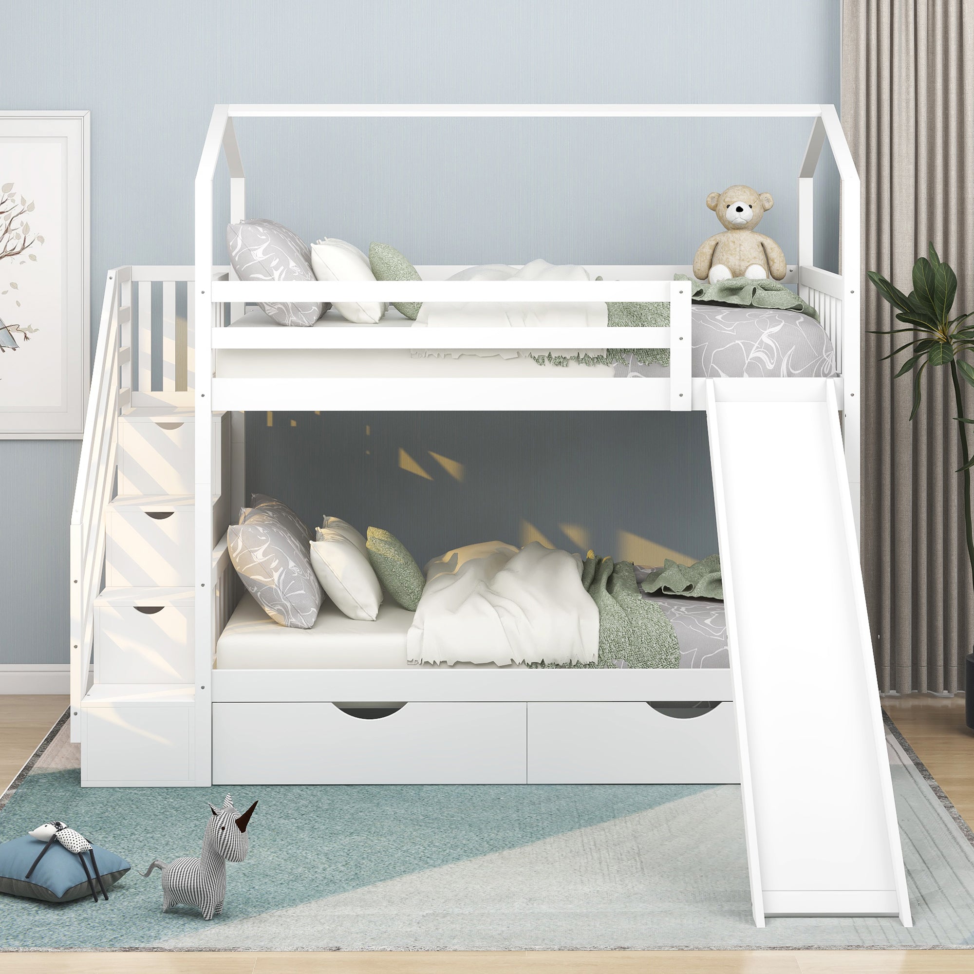 Euroco Twin House Bunk Bed with Storage for Kids, White