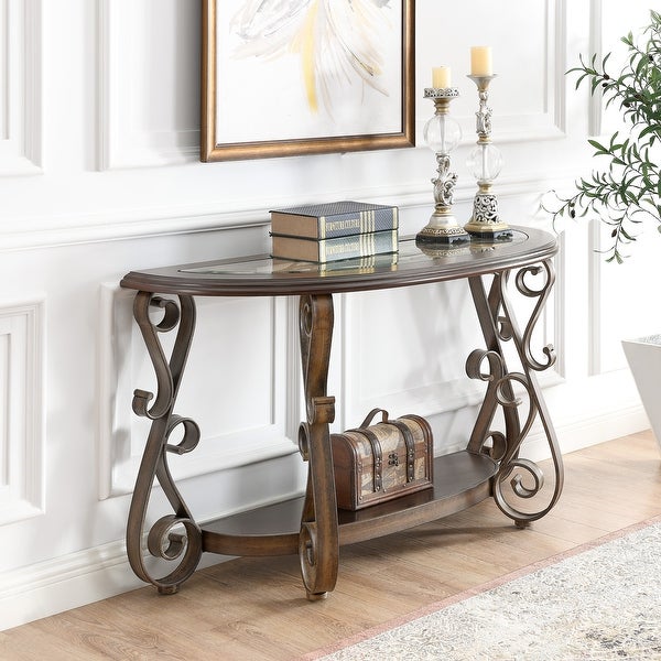 Console Table with Glass Table Top and Powder Coat Finish Metal Legs for Living Room Bedroom ，Dark Brown