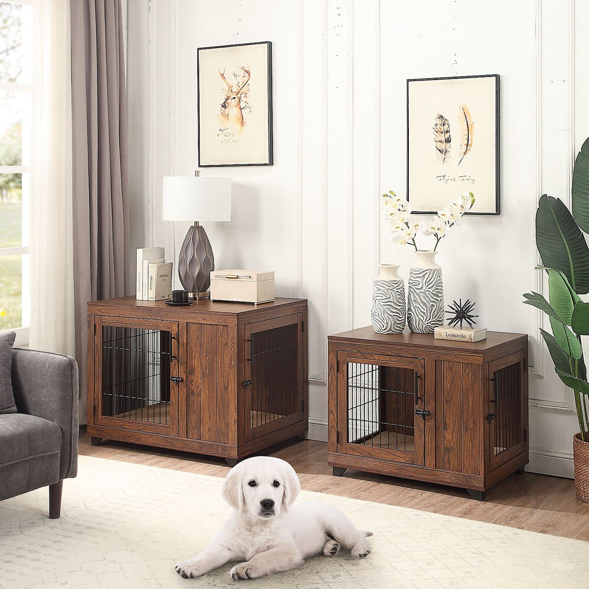 Unipaws Wooden Wire Furniture End Table Dog Crate， Walnut