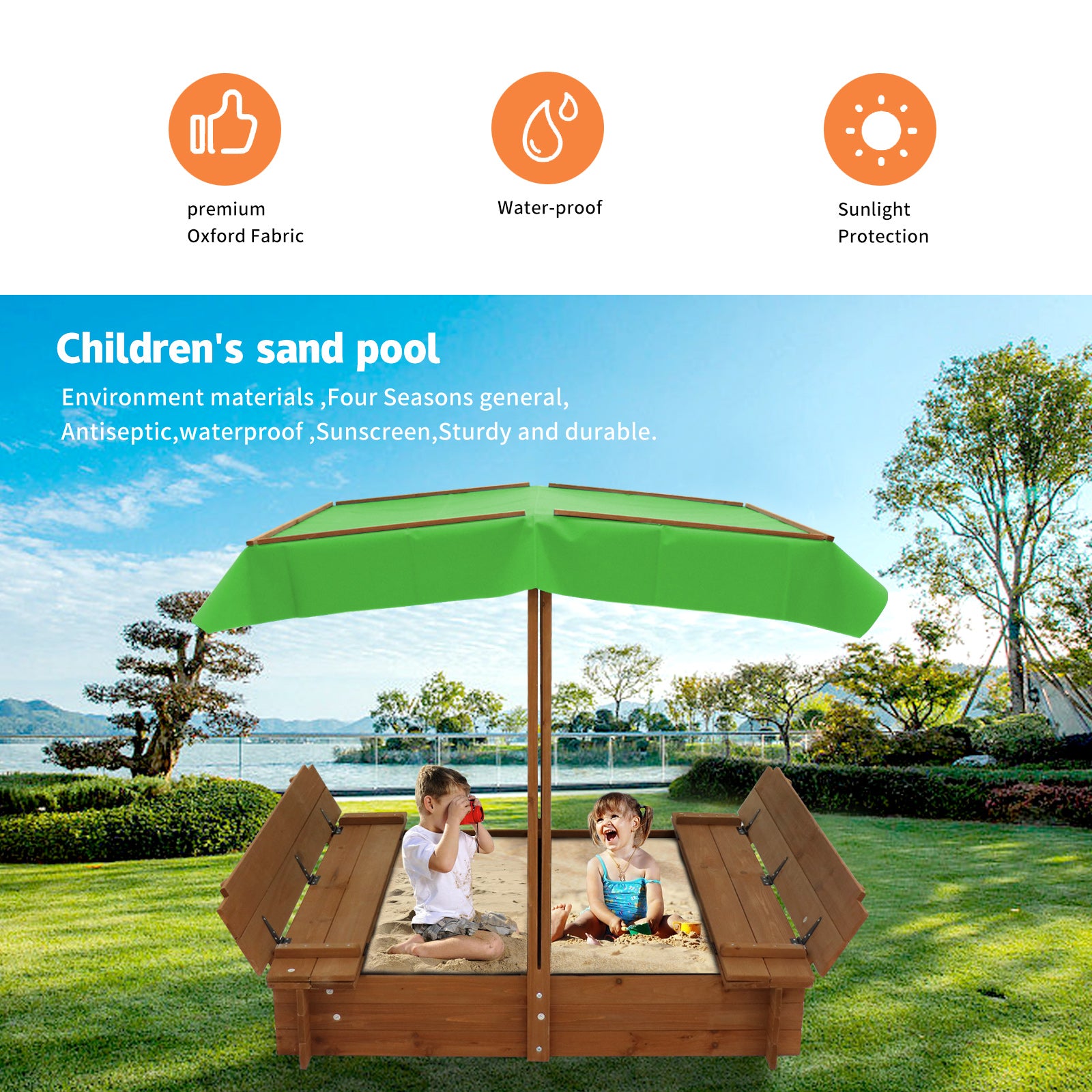 iRerts Kids Sandbox with Cover， Wooden Sandbox Children Outdoor Sand Play Station， Outdoor Sandbox with Foldable Bench Seats， and Adjustable Canopy， Sand Pit for Beach Patio Backyard Garden， Green