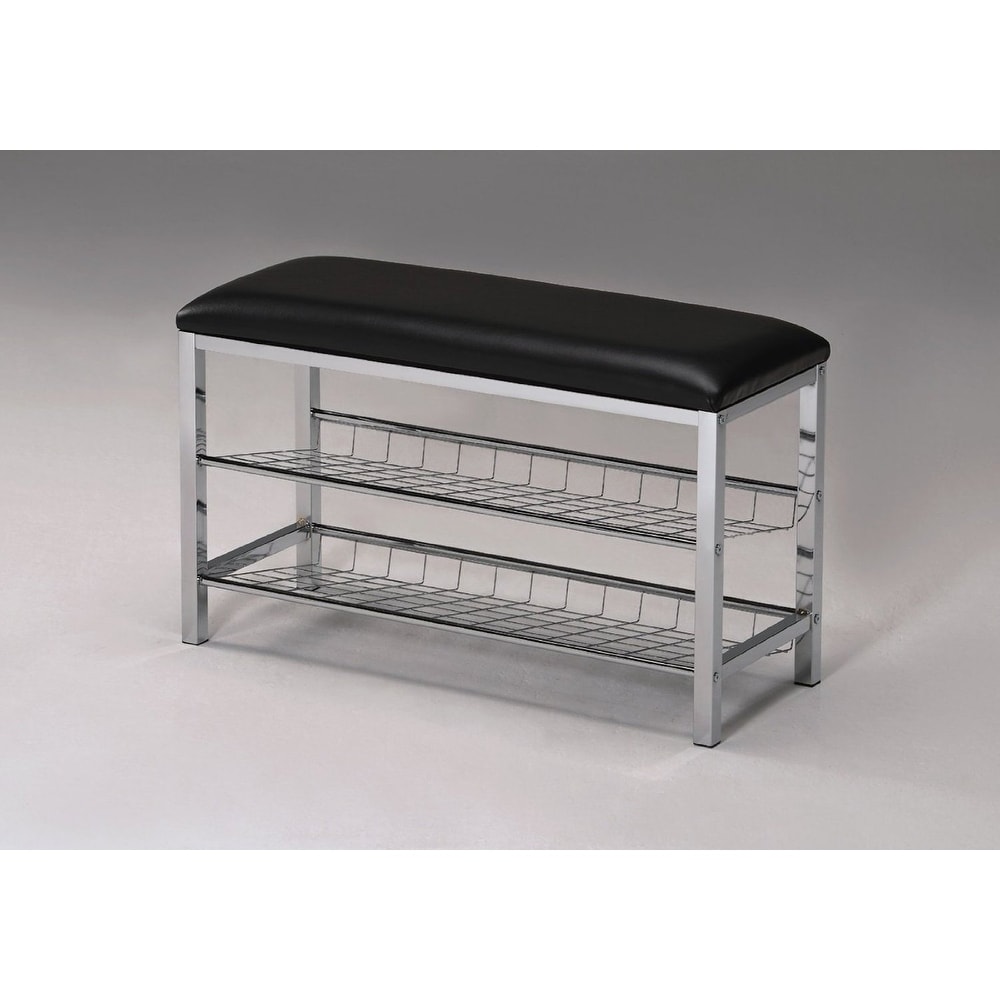 Roundhill Furniture Metal Shoe Bench with Faux Leather Seat  Chrome and Black