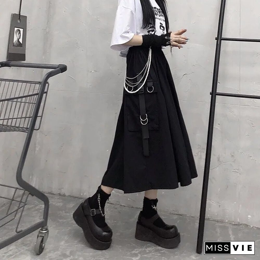 Gothic High Waist Cargo Skirts Woman Harajuku Loose A-line Pocket Midi Skirt Summer Hip Hop Fashion Korean Streetwear Y2k Skirt