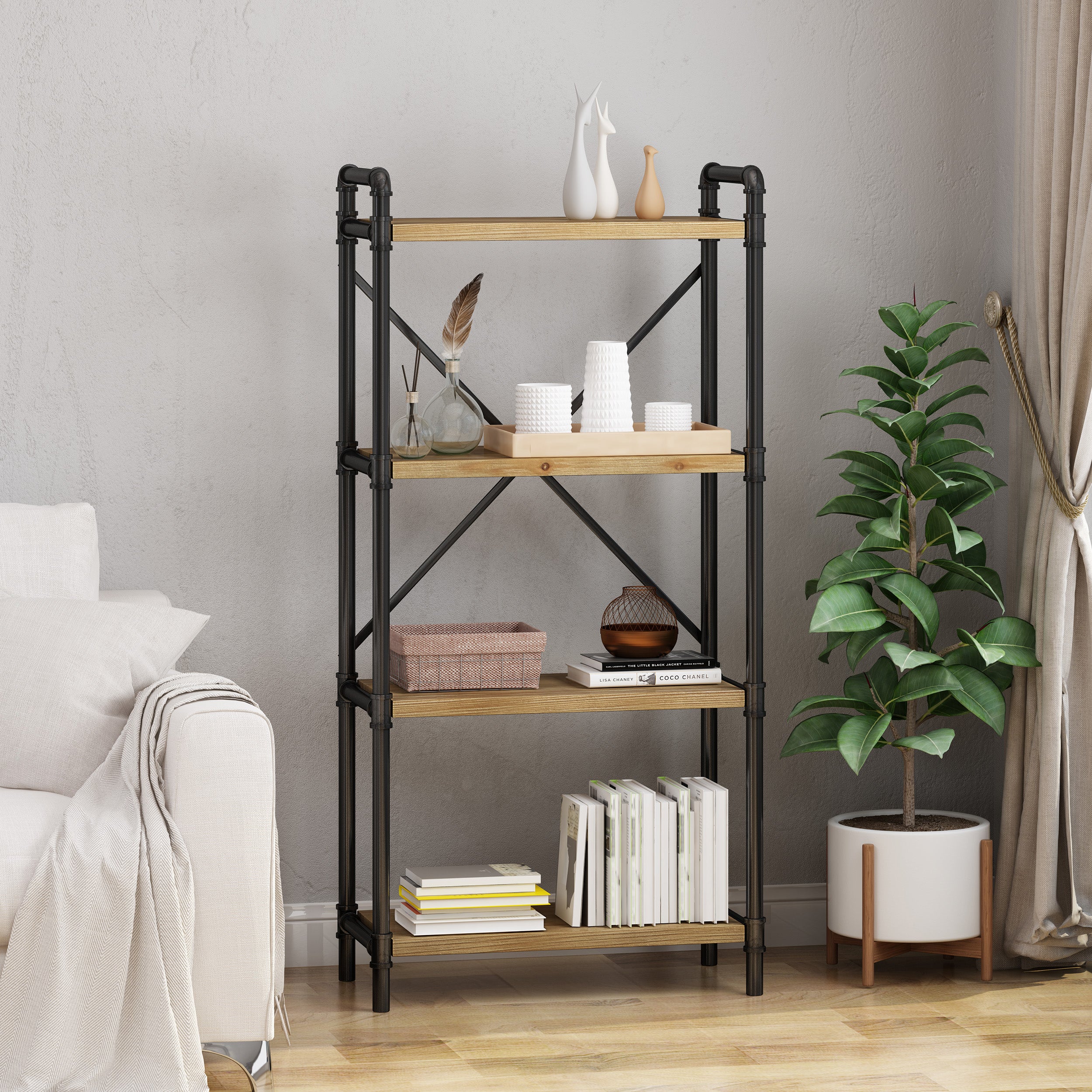 Astrid Industrial Pipe Design 4-Shelf Etagere Bookcase