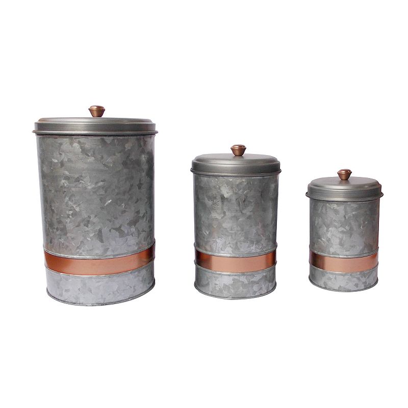 Benzara Galvanized Metal Lidded Canister With Copper Band， Set of Three， Gray