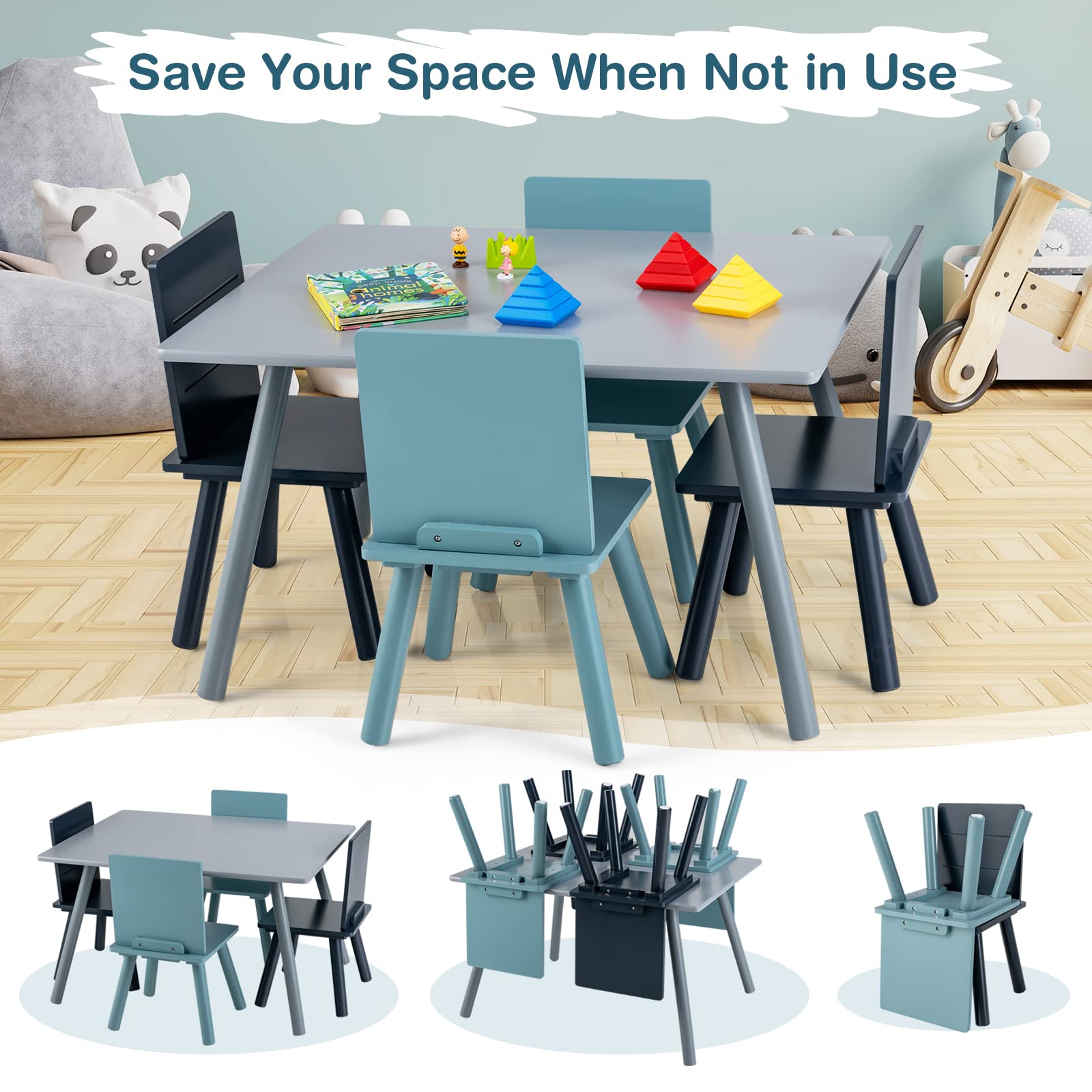 Costzon Kids Table and Chair Set, 5-Piece Toddler Table & 4 Chairs, (Grey, Blue)