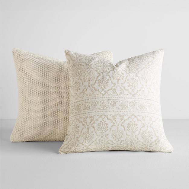 2 pack Stone Throw Pillows Seed Stitch Knit With Cotton Patterns In Antique Floral Becky Cameron Natural