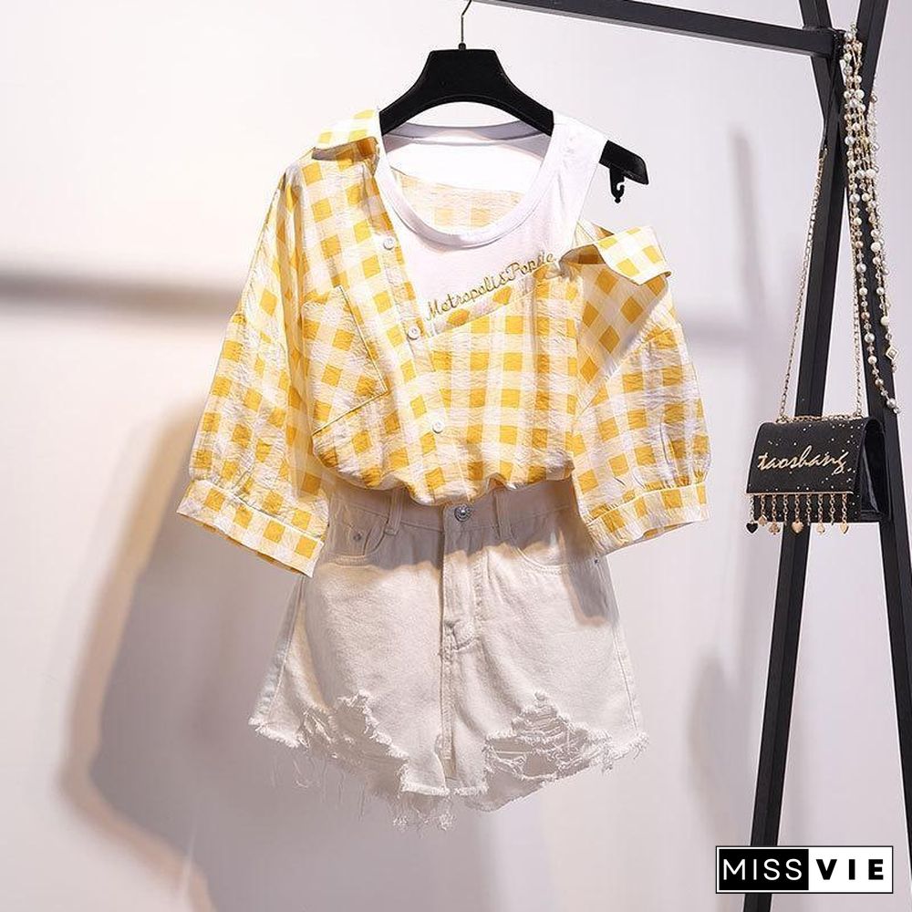 Plaid Off Shoulder Blouse+Denim Shorts P13928