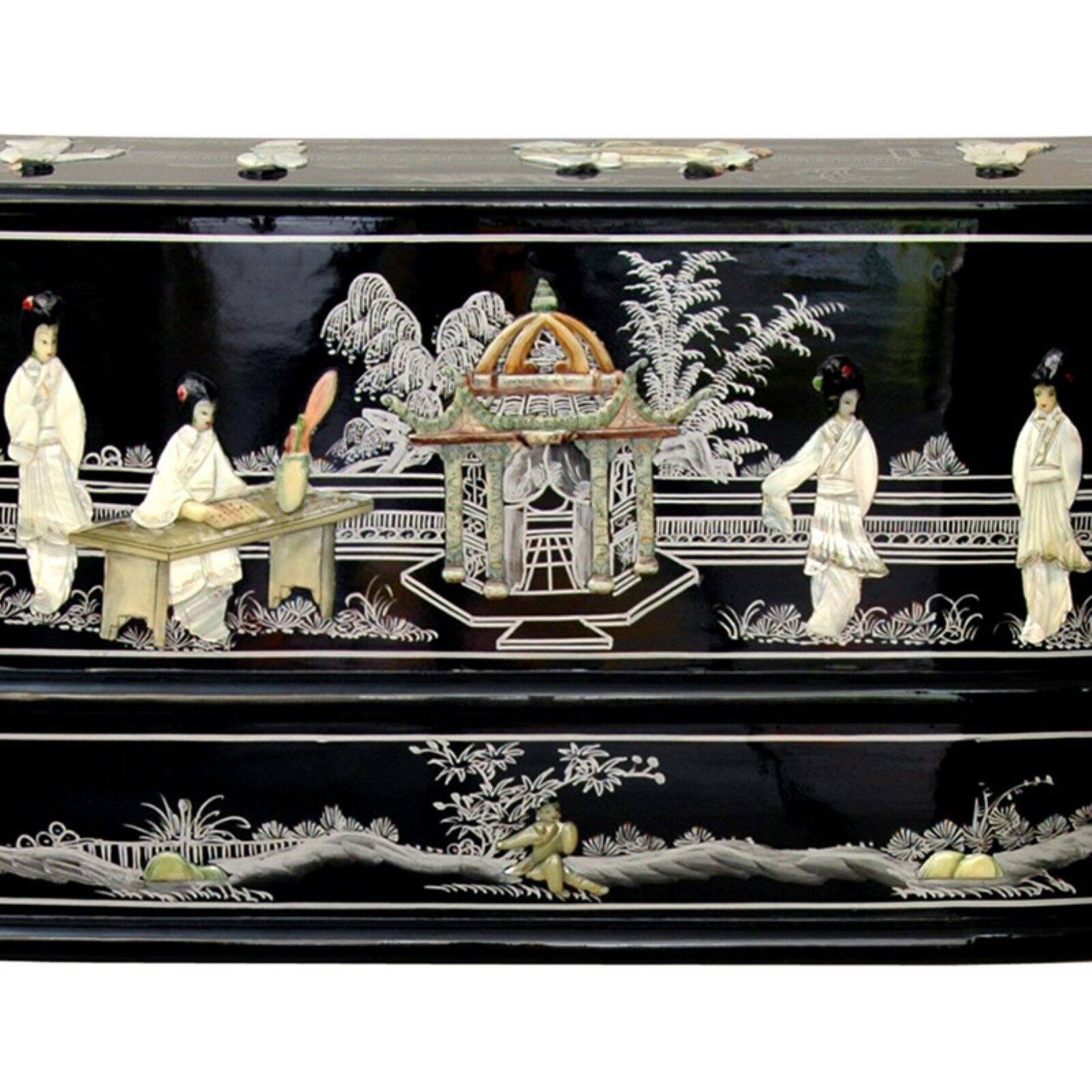 Oriental Furniture Black Lacquer Ladies Desk with Gold Chinoiserie