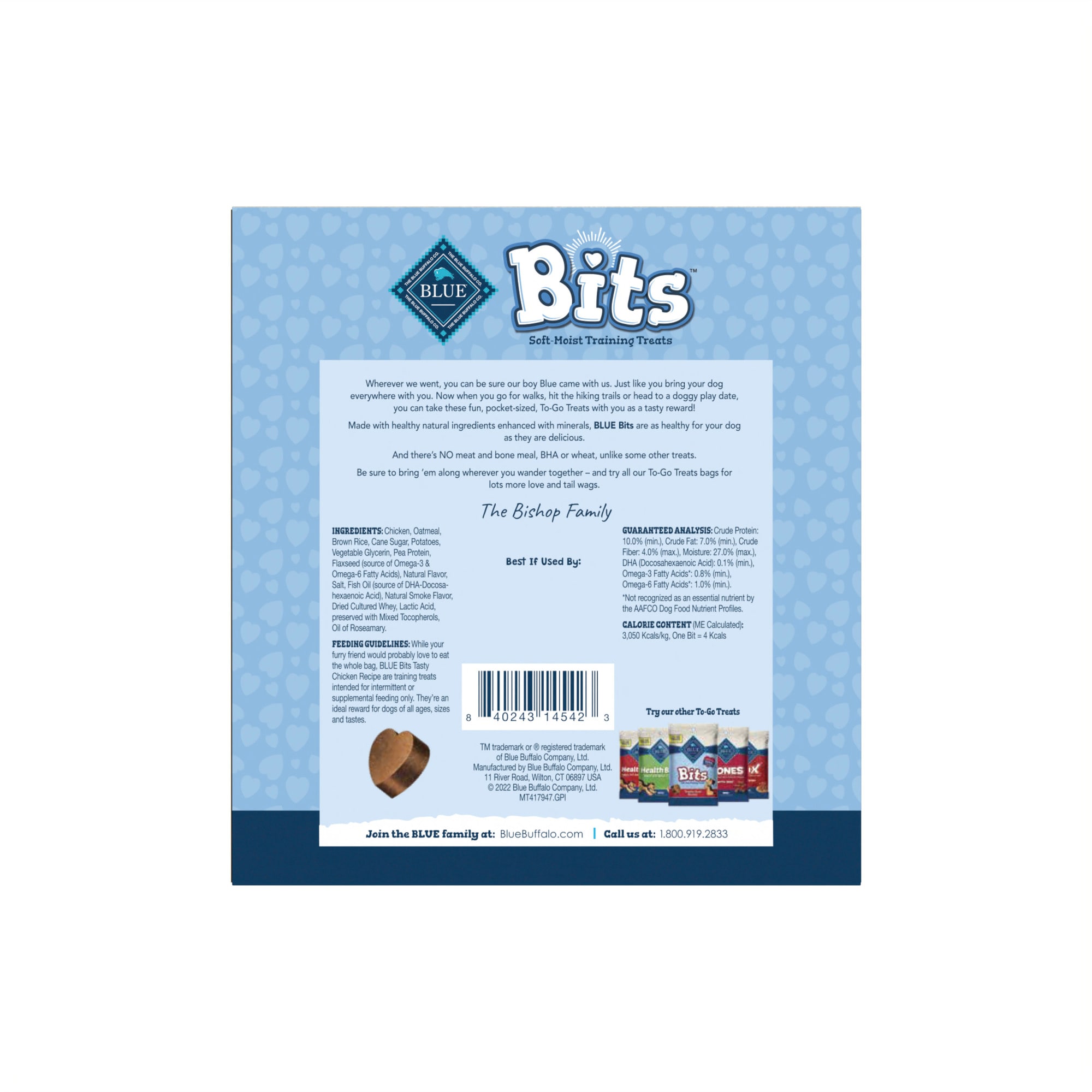 Blue Buffalo Blue Bits Natural Soft-Moist TO-GO Chicken Recipe Training Dog Treats， 1 oz.， Count of 12