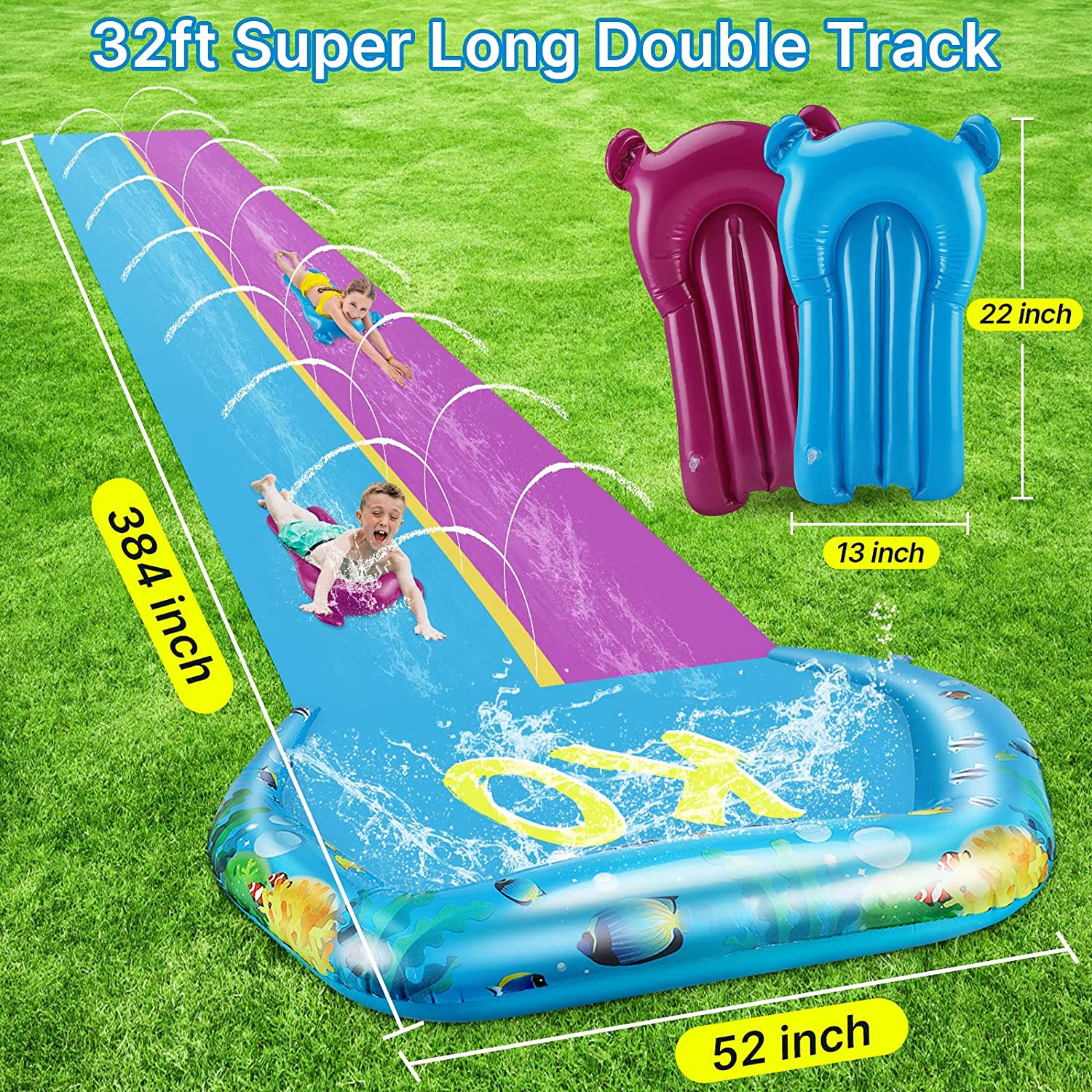 Lavinya [ 2022 Extra Long] 32ft Water Slide for Adults Kids With Water Slides with 2 Surfboards Water Play, Water Toy for Family Water Slide Fun