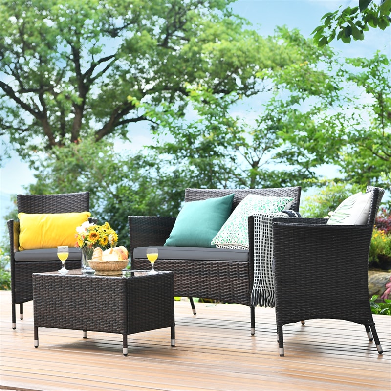 4 Pcs Rattan Wicker Patio Conversation Sets with Loveseat, Single Sofas, Coffe Table, Outdoor Bistro Set