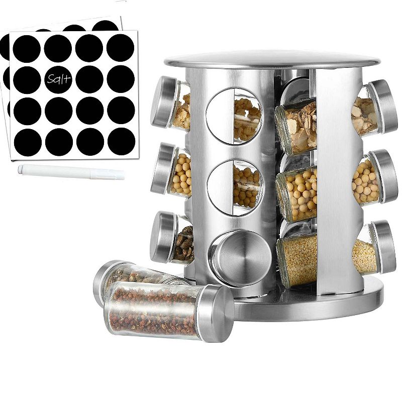 Cheer Collection Rotating Spice Rack for Countertop with 12 Jars， Stainless Steel Revolving Storage Organizer for Spices and Seasonings， plus Dry Erase Marker and 48 Reusable Labels