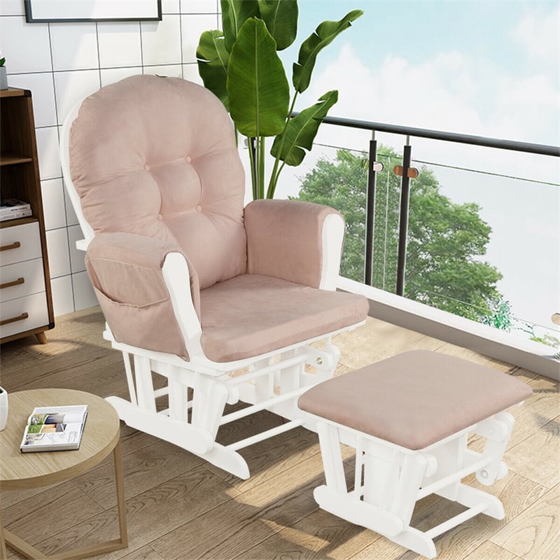 Wood Baby Glider Rocking Chair Nursery Chair with Gliding Ottoman & Storage Pocket