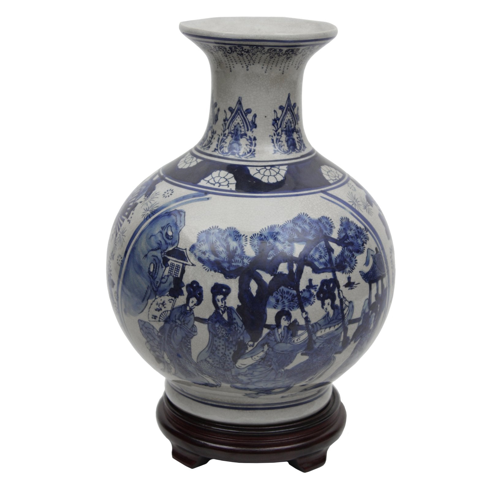 Oriental Furniture 12" Ladies Blue & White Porcelain Vase