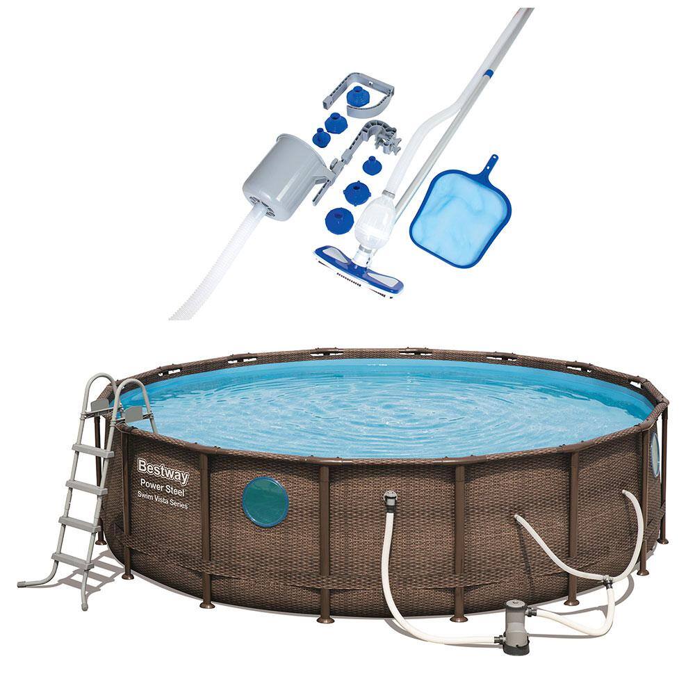 Bestway 16 ft. x 16 ft. Round 48 in. Deep Metal Frame Power Vista Pool Set with Vacuum and Maintenance Kit 56726E-BW + 58237E-BW