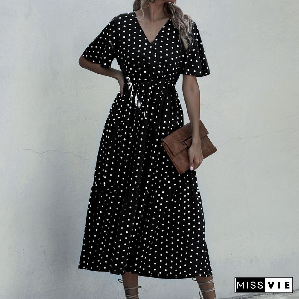 Summer Elegant V-neck Cross Belt Sexy Beach Long Dress Women Print Flowers Polka-dot Strap Ladies Boho Dress Women Vestidos