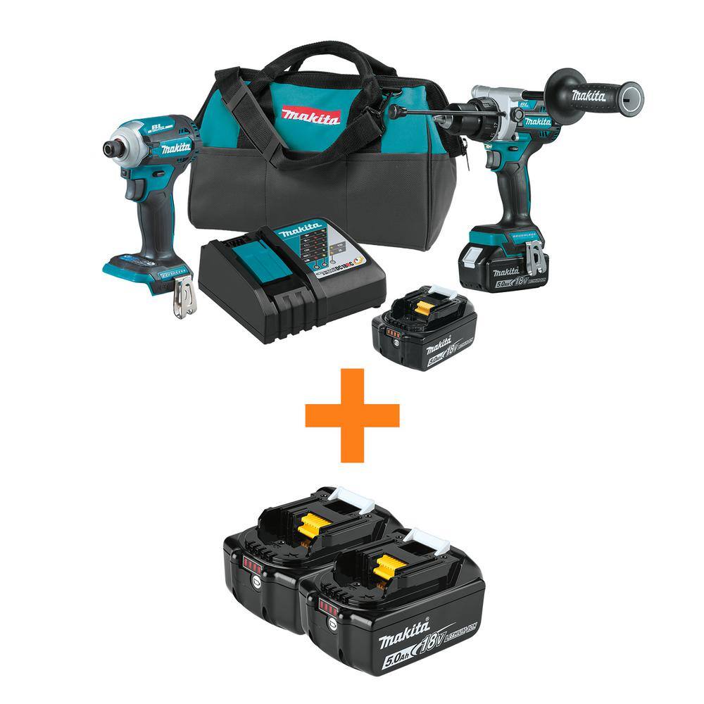 Makita 18-Volt LXT Lithium-Ion Brushless Cordless Combo Kit 5.0 Ah (2-Piece) with Bonus 18V LXT Lithium-Ion Battery 5.0 Ah 2-Pk XT288T-BL1850B2