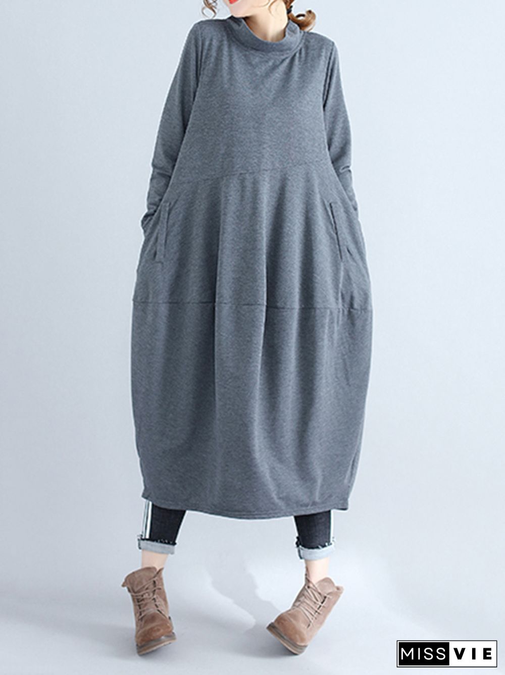 Casual Loose Plus Size Solid Color Hooded Midi Dresses