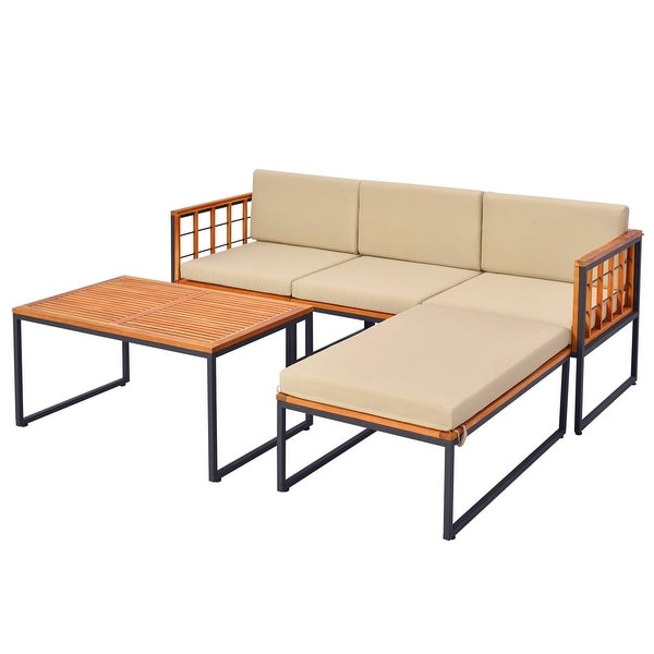 5 PCS Patio Furniture Set Acacia Wood Sectional Set with Cushions