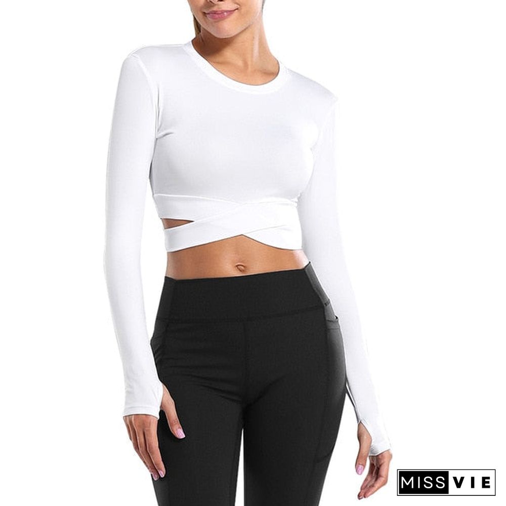 Women Long Sleeve Running Shirts Sexy Exposed Navel Yoga T-Shirts Solid Sports Shirts Quick Dry Fitness Gym Crop Tops Sport Wear