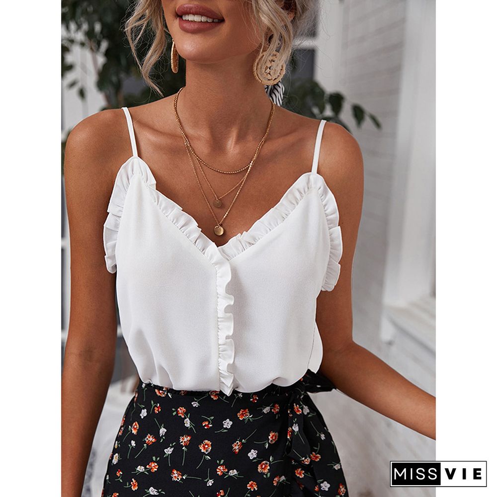 T-Shirt Women New Summer Temperament Sexy V-Neck Ruffles Backless Pullover Solid Chiffon Camisole Top Women's Clothing