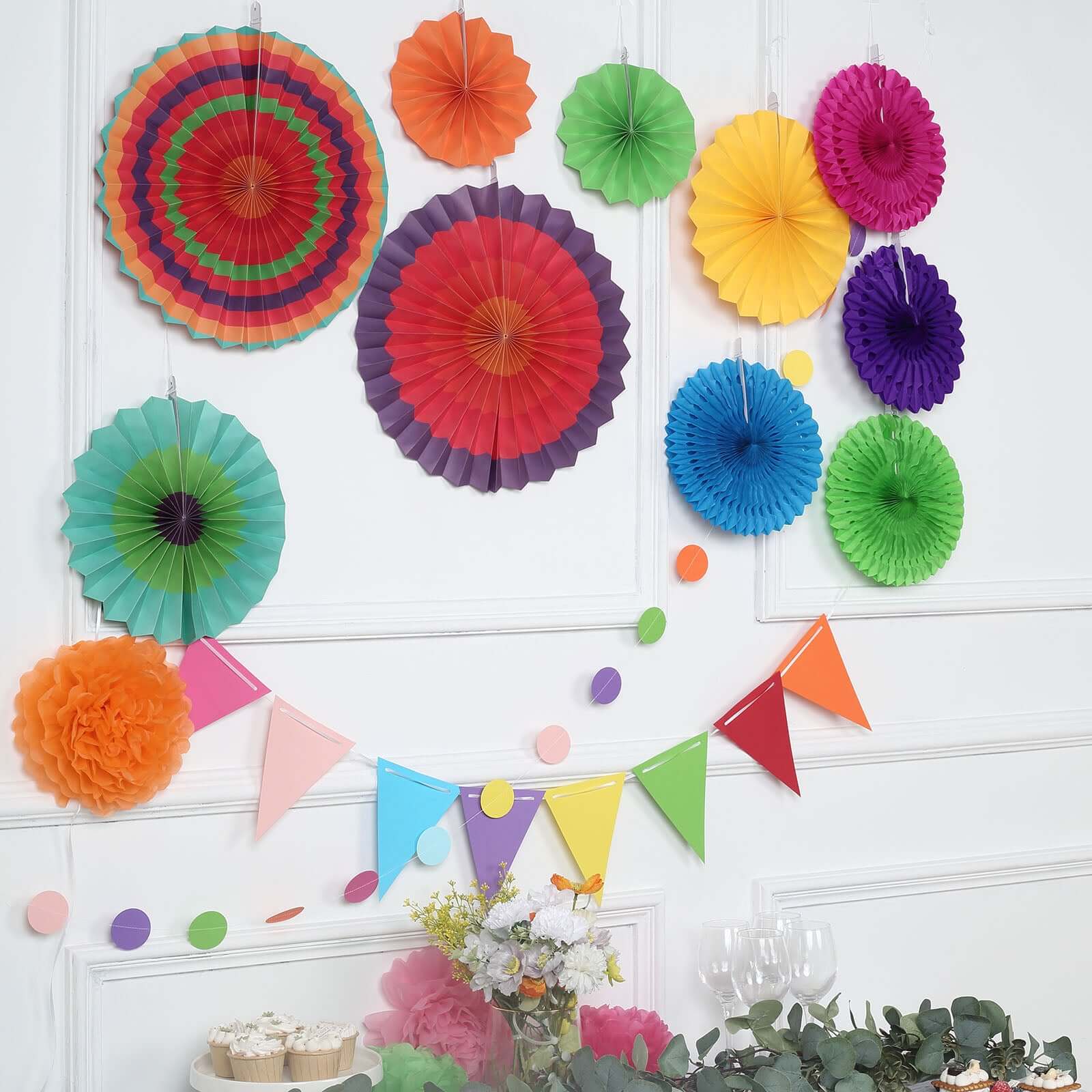 20Pcs Multicolored Hanging Fiesta Themed Party Decorations Kit, Paper Fans, Pom Pom Flowers, Polka Dot and Bunting Flag Garlands Included