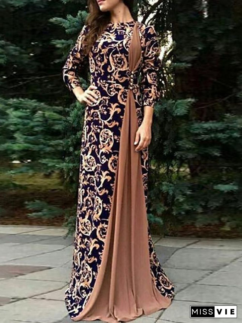 Women's Maxi long Dress - 3/4 Length Sleeve Paisley Patchwork Print Fall Winter Plus Size Hot Elegant Black Blue Red Brown S M L XL XXL 3XL 4XL 5XL