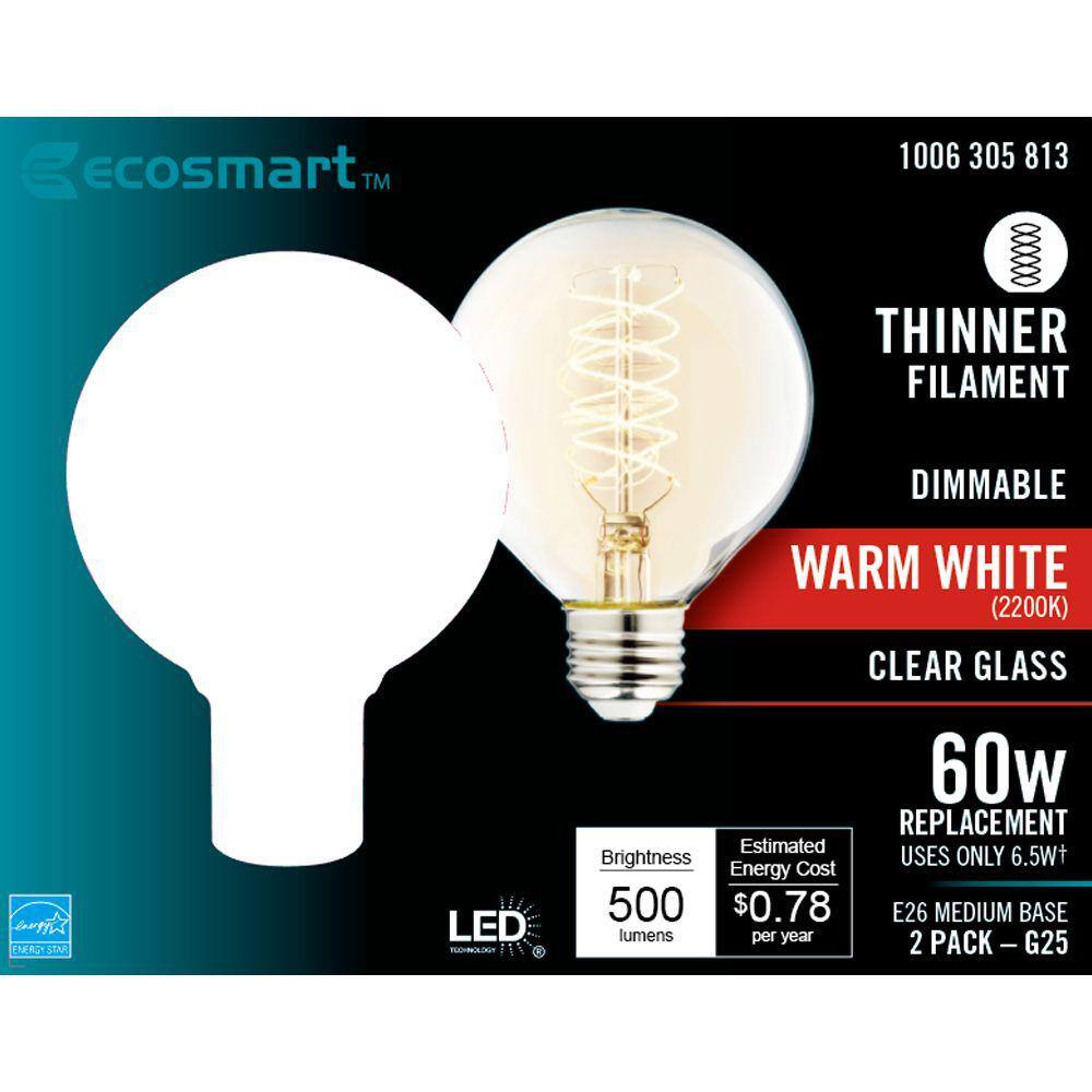 EcoSmart 60-Watt Equivalent G25 Dimmable Fine Bendy Filament LED Vintage Edison Light Bulb Warm White (2-Pack) G25C6E26822S