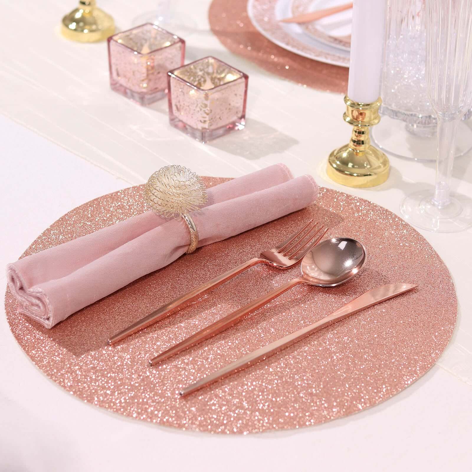 6 Pack Rose Gold Sparkle Placemats, Non Slip Decorative Round Glitter Table Mat