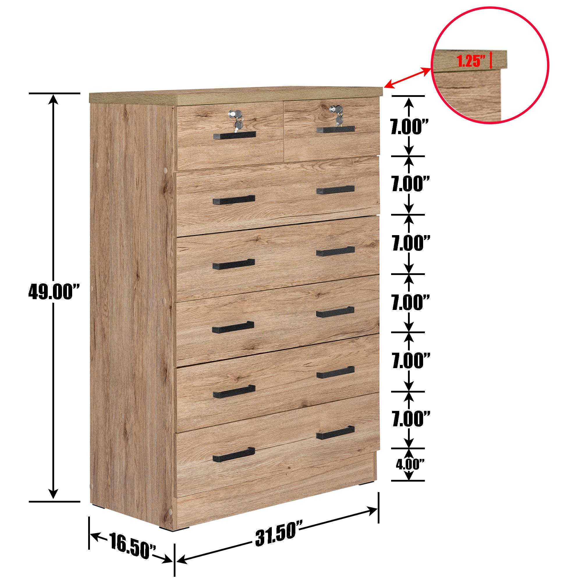 Better Home Products Cindy 7 Drawer Chest Wooden Dresser with Lock - Natural Oak