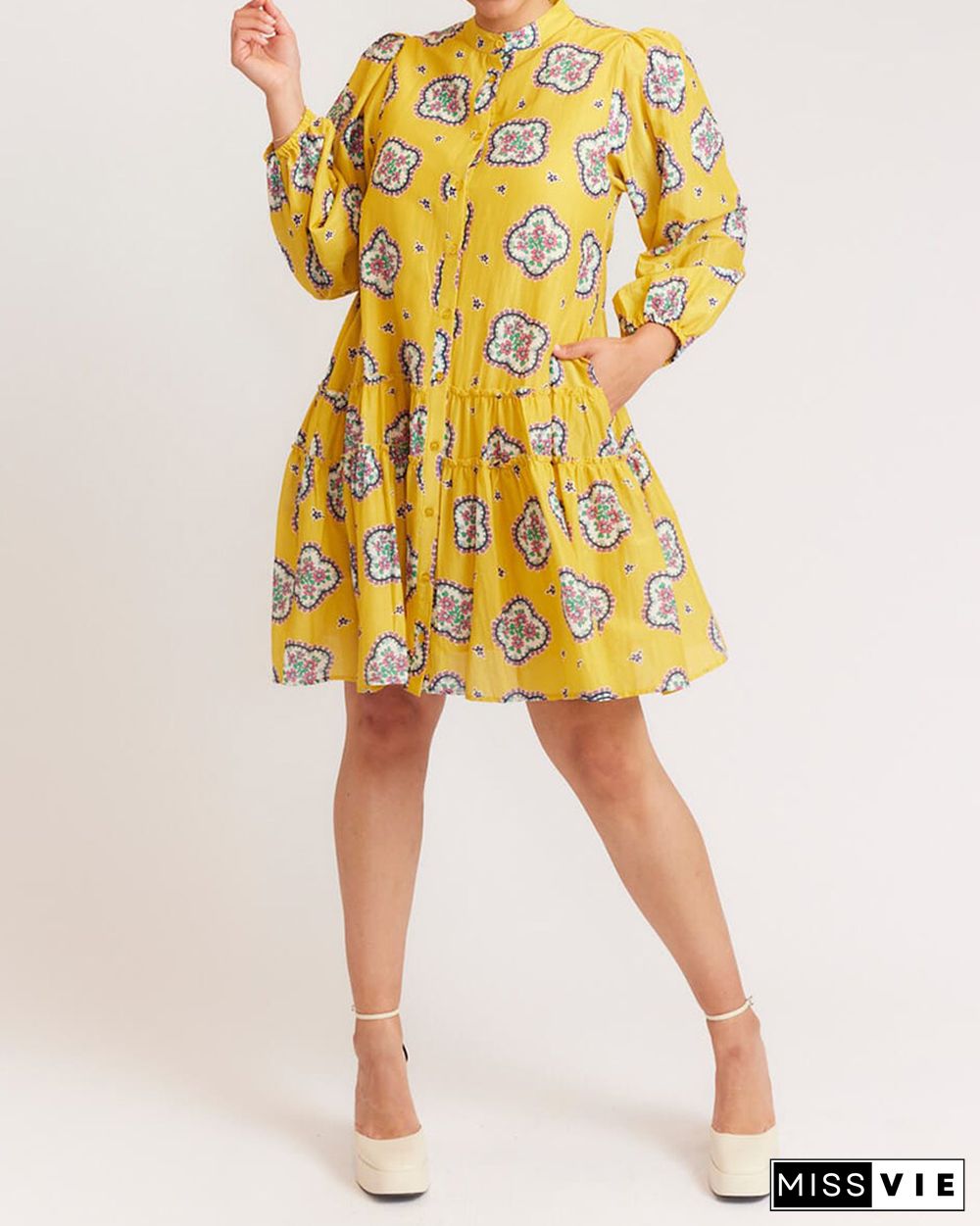 Cropped Sleeve Printed Loose Pleated Dress