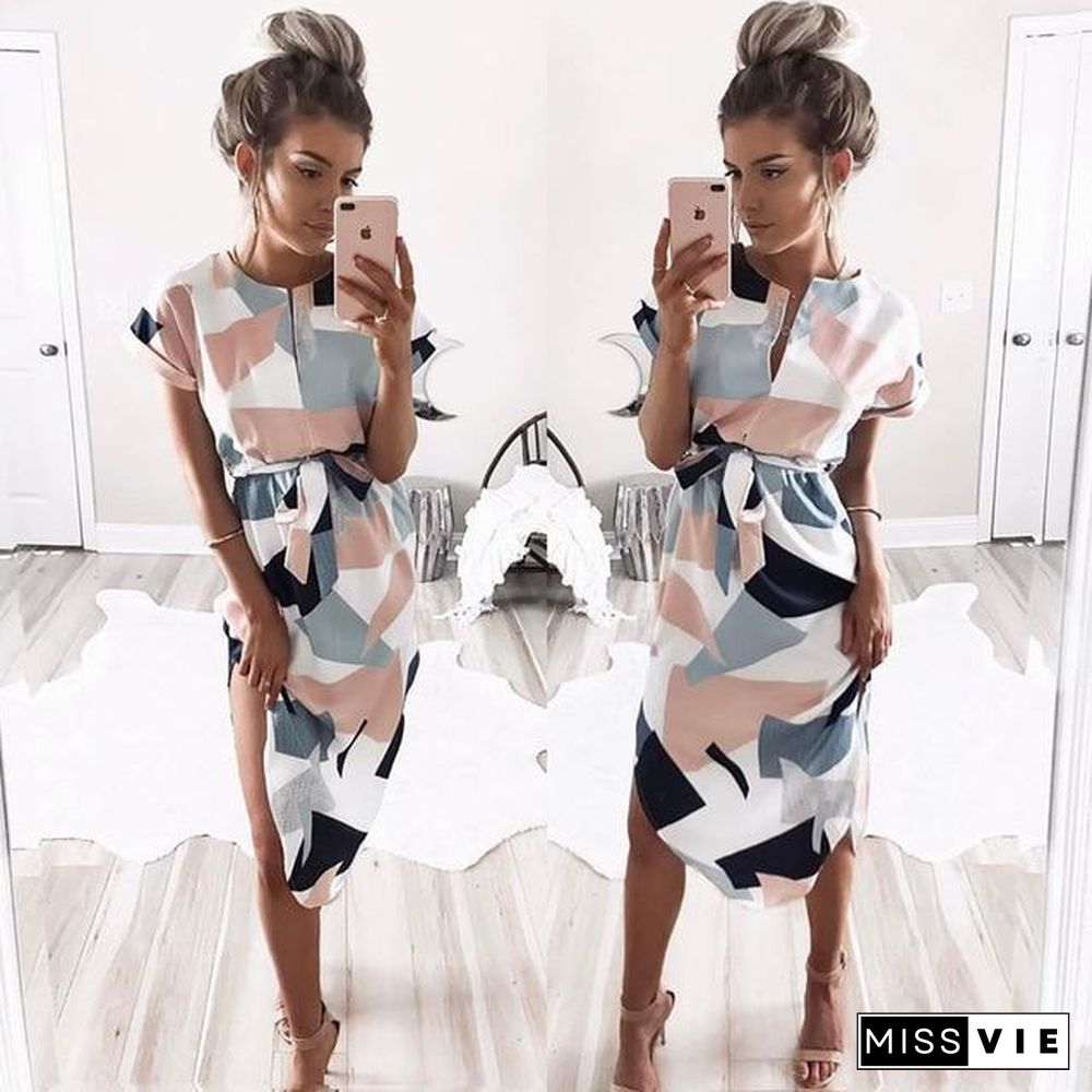 Women Beach Boho Print Batwing Short Sleeve Dress Tunic Bandage Bodycon Midi Dress