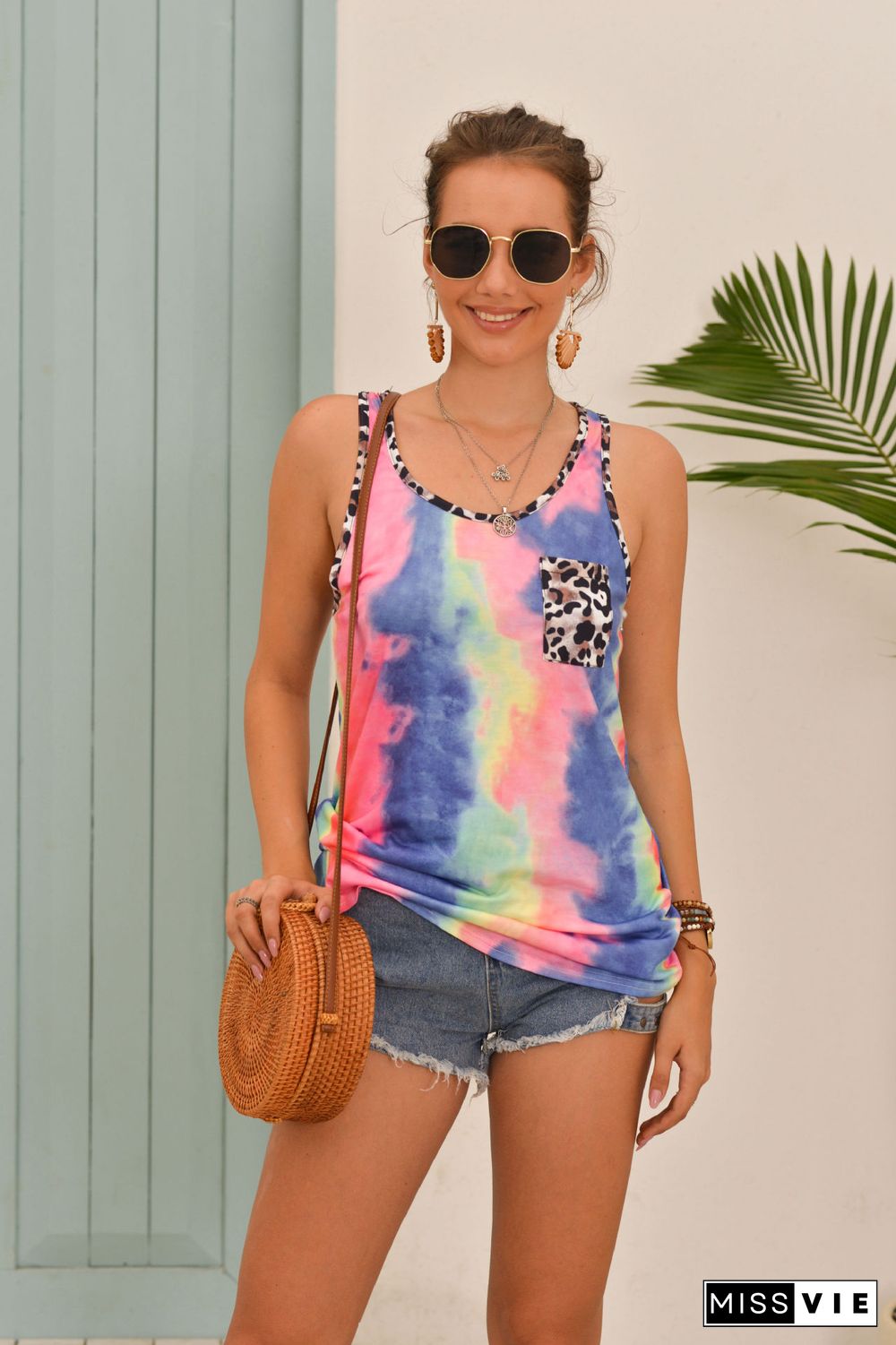 Blue Tie Dye Tank Top with Leopard Pocket