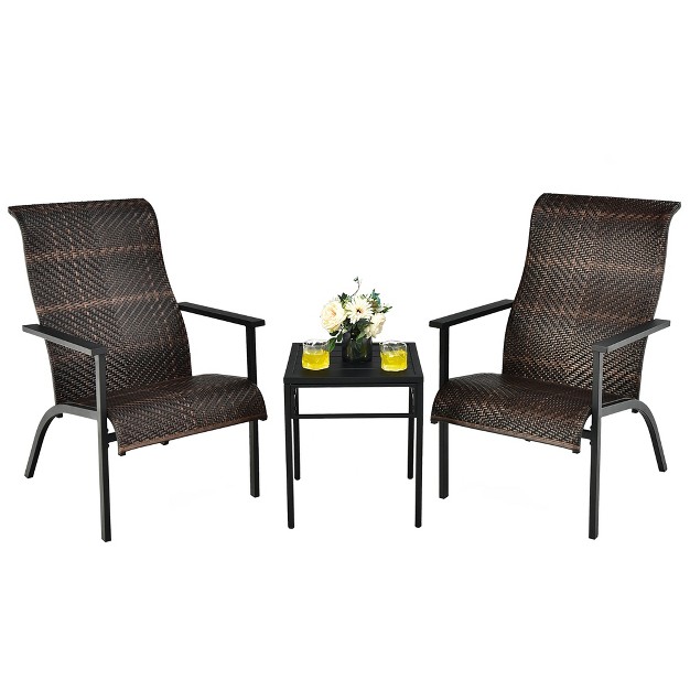 Costway 3 Pcs Patio Rattan Bistro Set High Backrest Armrest Sidetable Mix Gray mix Brown