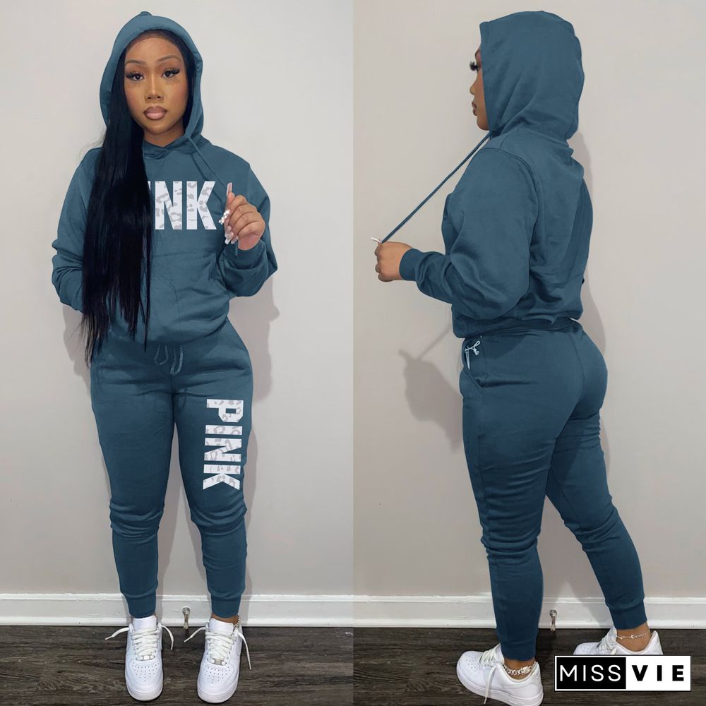 Winter Letter Print Hoodies and Pants Sports 2 Piece Sets