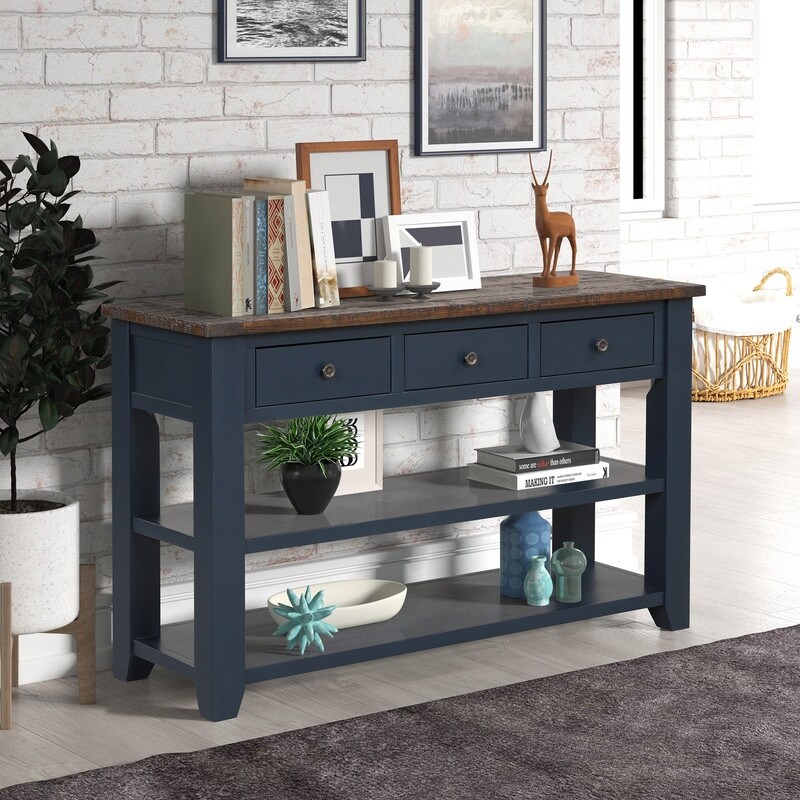 Wood Top Console Table with 3 Storage Drawers and 2 Shelves