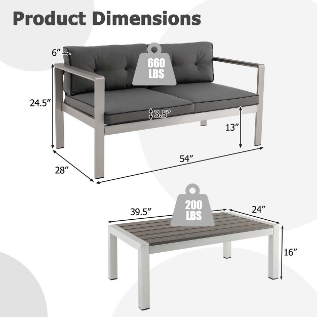 Costway 2 Pcs Patio Aluminum Sofa Set Coffee Table Cushioned Loveseat Wpc Armrests