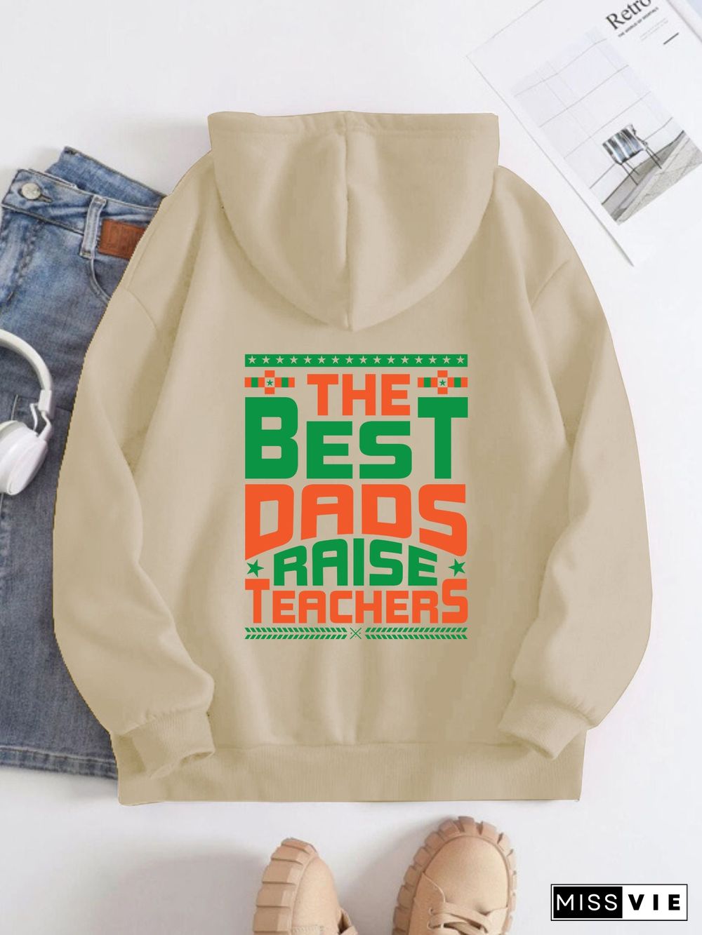 Printed on the Back Kangaroo Pocket Hoodie Long Sleeve for Women Pattern the best daos raise teachers