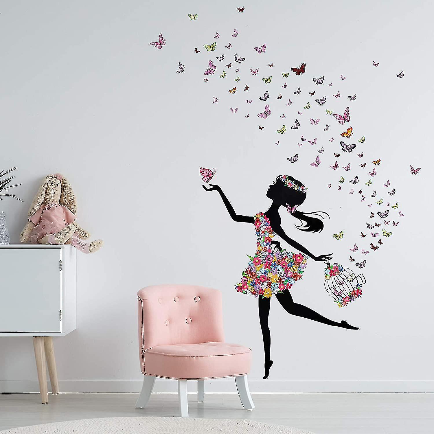 2 Sheets Flower Fairy Wall Murals Girl Wall Decals With Flowers And Butterflies Decorative Girl On Bicycle Wall Stickers For Girls Kids Bedroom Birthd