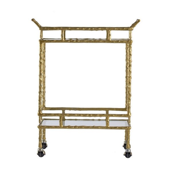 30 Inch 2 Tier Bar Cart， Aluminum Frame， Clear Glass Shelves， Antique Brass - 29.9 H x 23.6 W x 13.8 L Inches