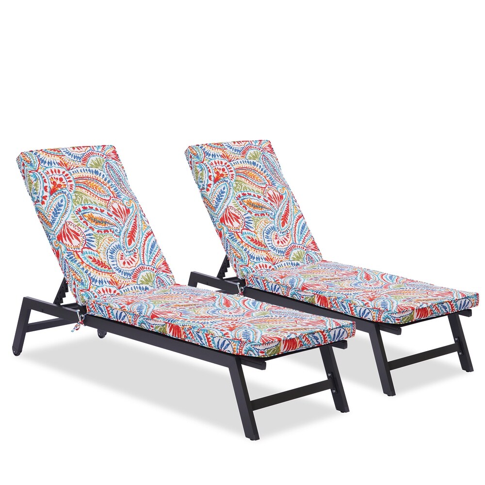 2Pcs Flower Pattern Adjustable Chaise Lounge Chair with Cushion Wheel