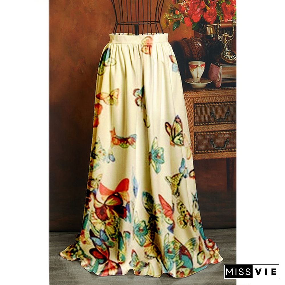 New Style Women Fashion Long Length Butterfly Printed Bohemian Style Vintage Pleated Skirts Summer Long Skirt