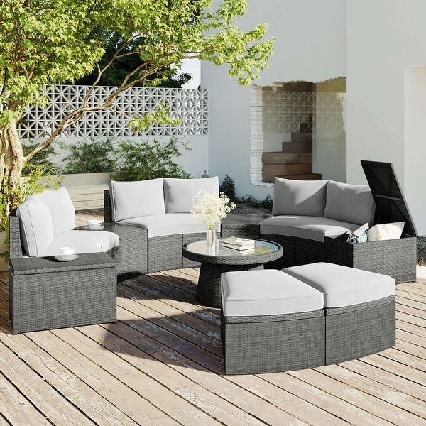 10-Piece Outdoor Sectional Half Round Patio Rattan Sofa Set - Overstock - 37386487