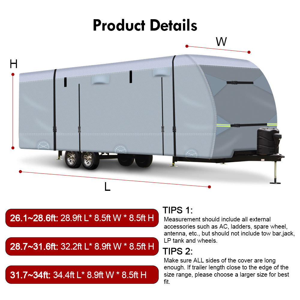 YEOPGYEON Travel Trailer RV Cover 600D Oxford Cloth，31.7'-34' Waterproof 6 Layers with 4 Tire Covers，Tongue Jack Cover，Waterproof Anti-Uv Prevent Top Tearing Caused by Sun Exposure