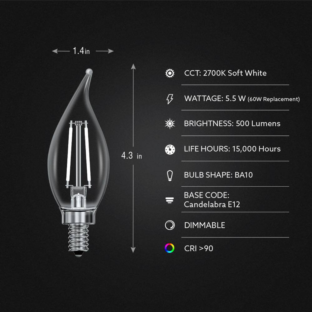 Feit Electric 60-Watt Equivalent BA10 E12 Candelabra Dim White Filament Clear Glass Chandelier LED Light Bulb Soft White 2700K(3-Pack) CFC60927CAWFILHDRP3