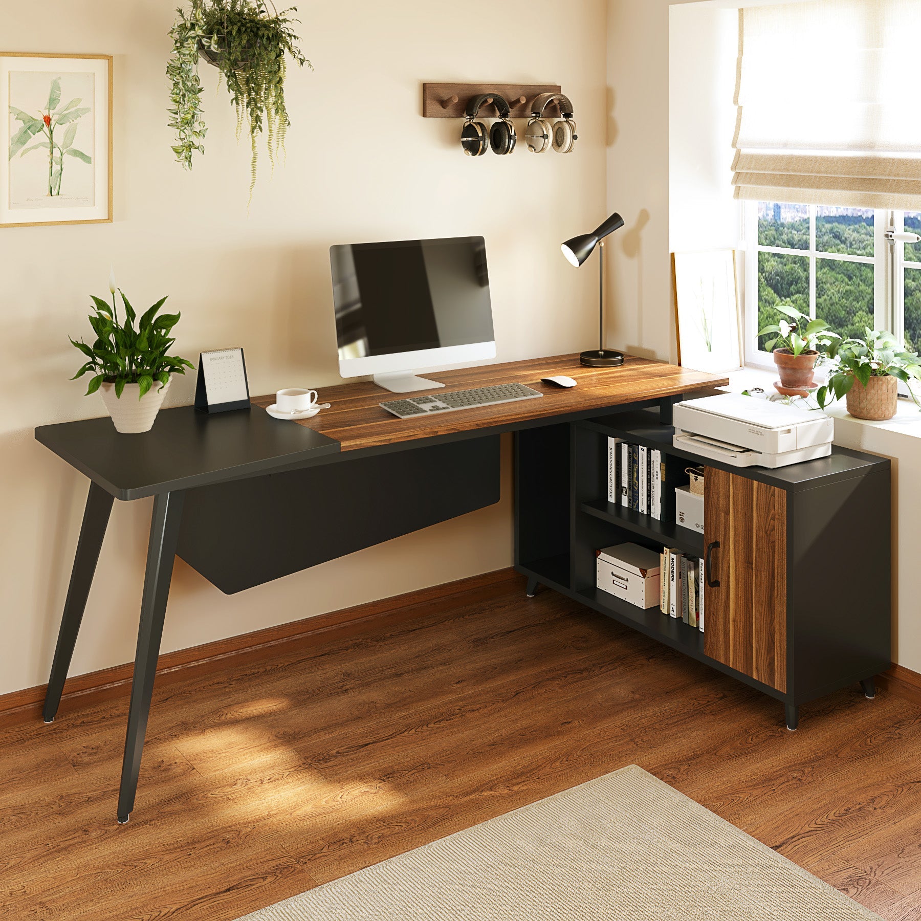 Industrial L-Shaped Desk, 78.74 Inch Executive Office Desk with File Cabinet