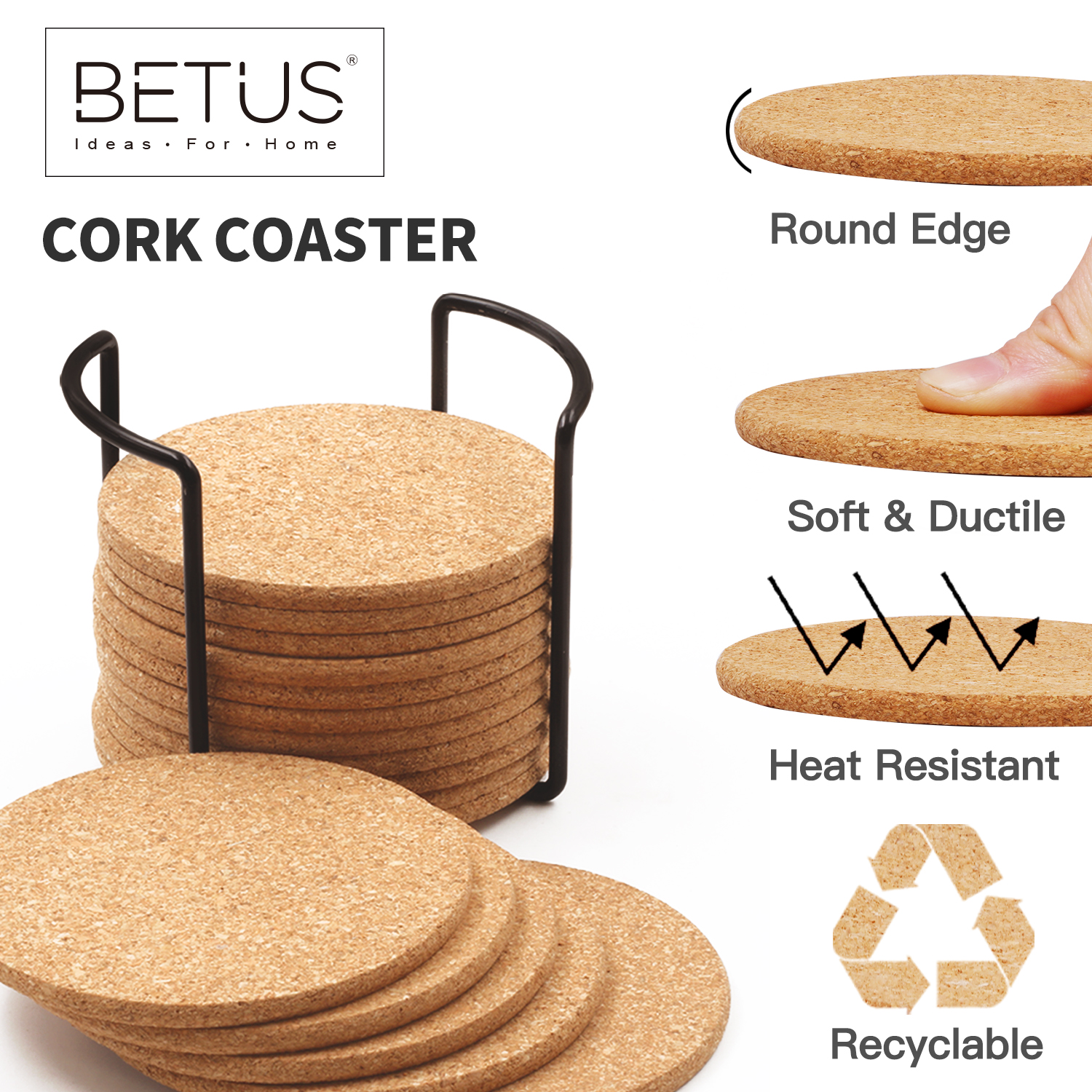 Betus 16 Pcs Round Cork Coasters with Metal Holder - 4